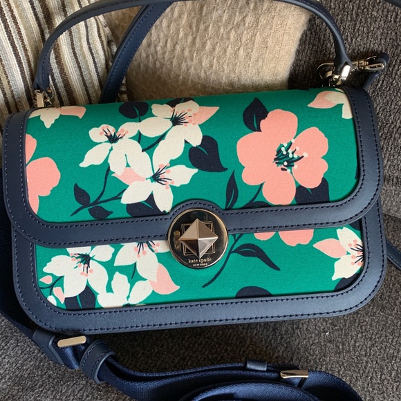 Authentic KATE SPADE Leather/Floral canvas turnlock flap Crosby/Sarchel 2 straps - Picture 1 of 13